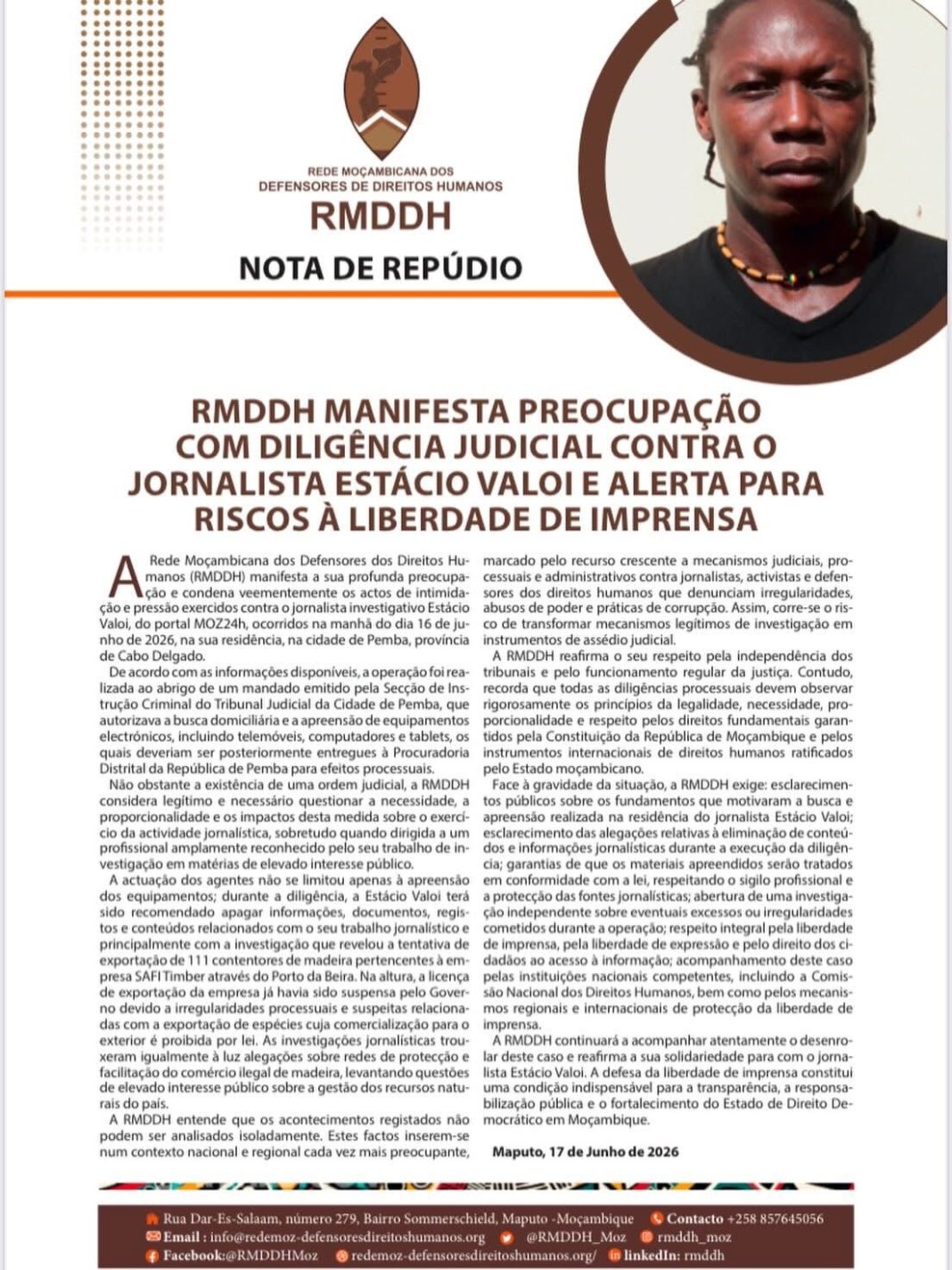 RMDDH repudia diligência contra jornalista Estácio Valoi e alerta para ameaças à liberdade de imprensa RMDDH repudia diligência contra jornalista Estácio Valoi e alerta para ameaças à liberdade de imprensa